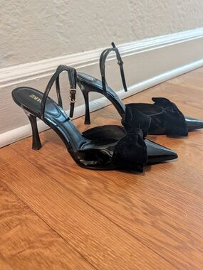 Zara Black Patent Pointed Bow Slingback Heels